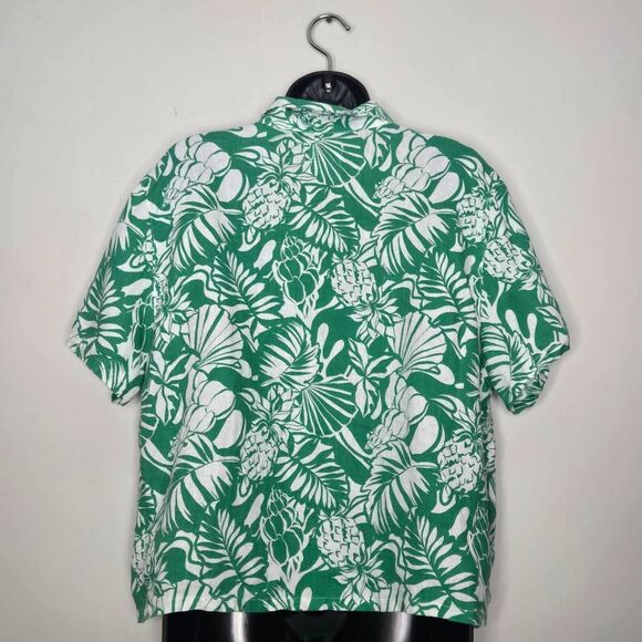 Nicole Miller 100% Linen Button-up Shirt Size Large Green White Tropical Beach V - Picture 4 of 5